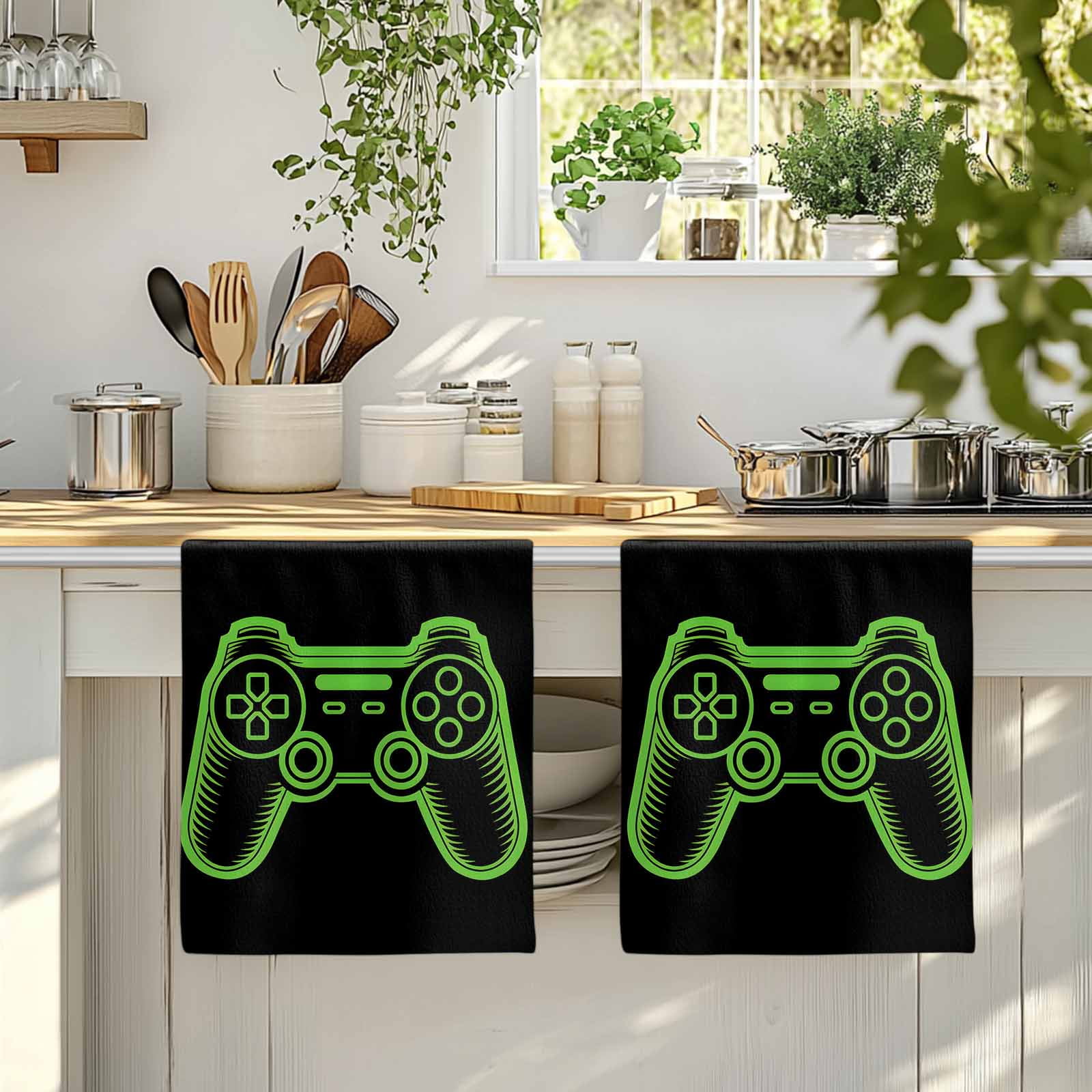 Green Game Controller Kitchen Towels Set of 4, Modern Art Gaming Handheld Black Soft Microfiber Dish Towels, Absorbent Quick-Dry Washable Dishcloths for Kitchen Cleaning, Drying Dishes, 18x28 Inches