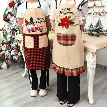 Visland Christmas Linen Bib Apron with 2 Pockets and Embroidered Red Truck Design for Home Kitchen, BBQ Grill, Baking and Garden, Great for Women and Men