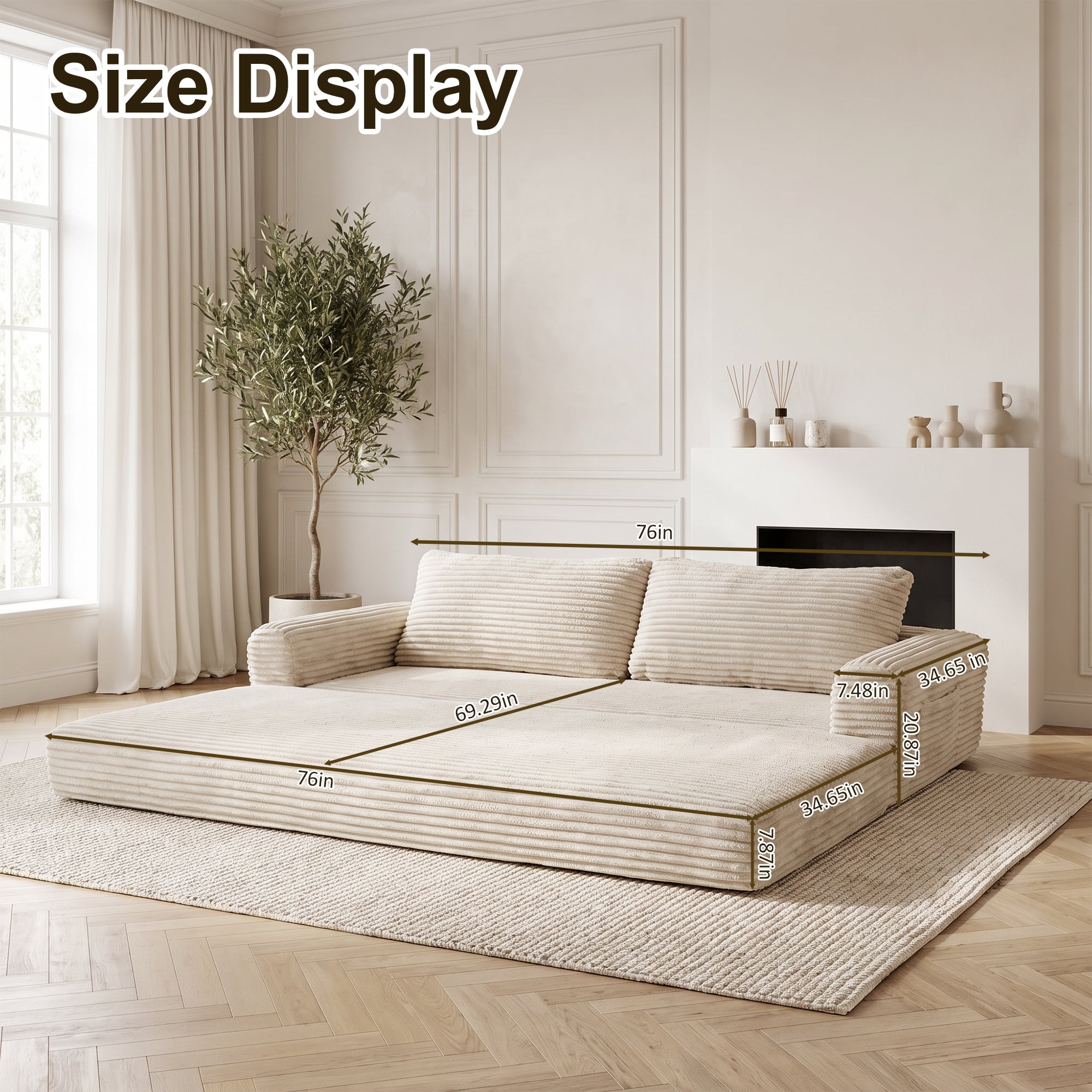 76" Convertible Futon Sofa Bed,Folding Boneless Floor Couch with Deep Seat,Cloud Corduroy Fold Out Sleeper Sofa with Memory Foam Cushion for Living Room,Bedroom,White