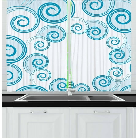 Teal and White Curtains 2 Panels Set, Ocean Waves Inspired Design with Abstract Blue Swirls Water Sea Spirals, Window Drapes for Living Room Bedroom, 55W X 39L Inches, Blue White, by Ambesonne