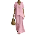 thumbnail image 3 of Women's Linen-Blend Short Sleeve Asymmetric Tunic & Wide Leg Pants 2-Piece Set Casual Summer Daily Vacation Outfit Trendy Going Out Suits for Womens Pink XL, 3 of 6