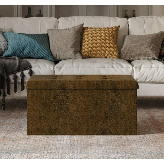 Home Design Florence Upholstered Folding Storage Bench with Foam Filled Seat, Multi-Purpose Rectangular Design for Seating, Footrest, or Hidden Storage in Living Room or Office, PU Brown