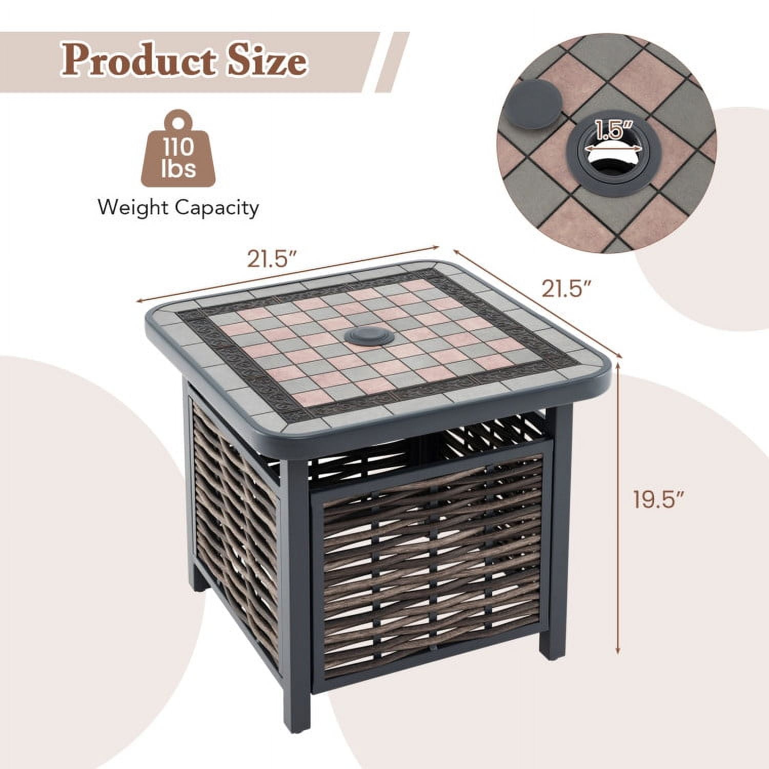 Barara King 21.5 Inches Outdoor PE Rattan Side Table Square End Table with Umbrella Hole