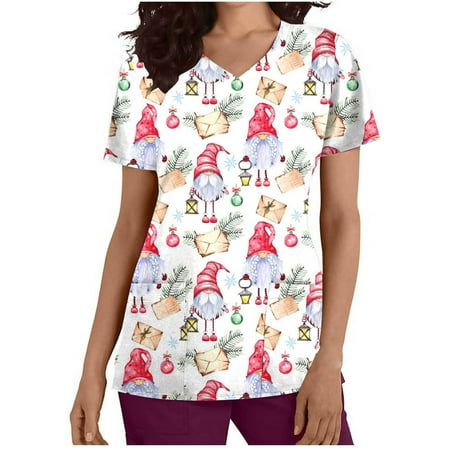 

Women s Christmas Scrub Tops Casual V Neck Gifts Graphic Loose Fit Short Sleeve Scrub Top With Pockets