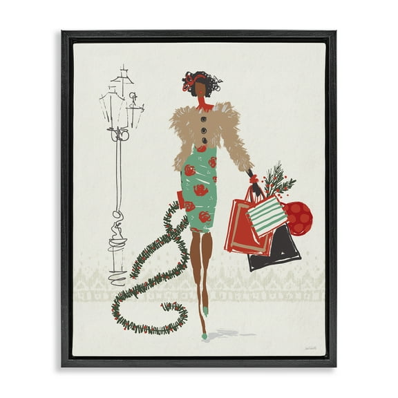 Stupell Industries Festive Shopping Girl Holiday Painting Black Floater Framed Canvas Art Prints Wall Art, 17 x 21