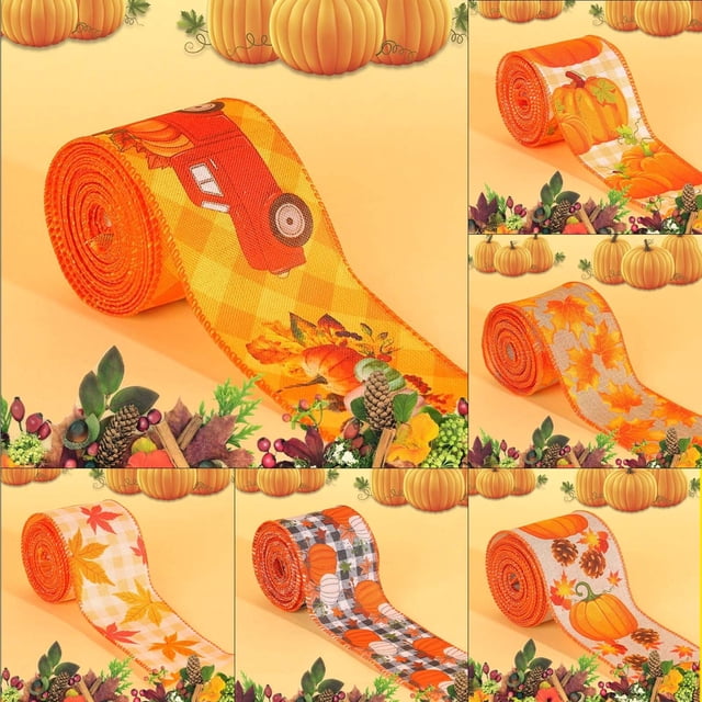 Fiudx Cinta de Acción de Gracias, Diseño Festivo de Calabaza y Camión de Hoja de Arce, Poliéster Duradero, Decoración Navideña Versátil, Ideal para Coronas y Manualidades, 4,5 M de Largo y 6 Cm de An