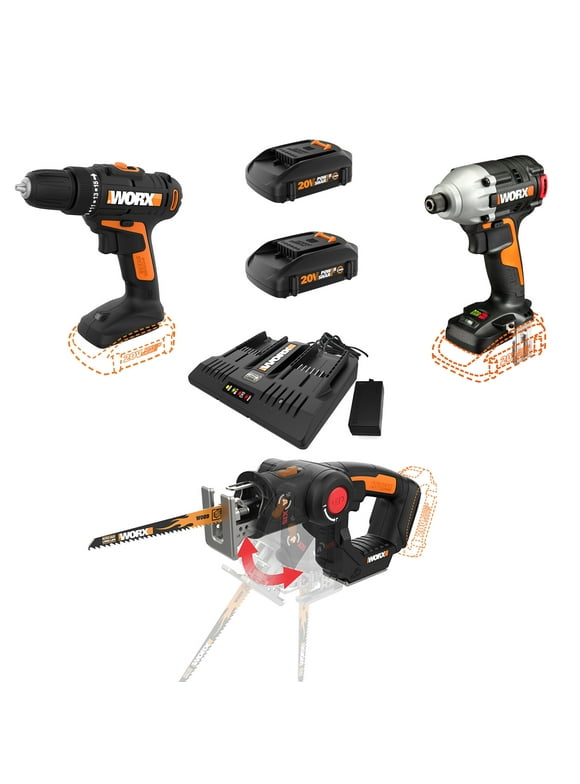 WORX WX911L 20 Volt Combo Kit with Power Drill, Impact Driver, AXIS Saw, and Batteries