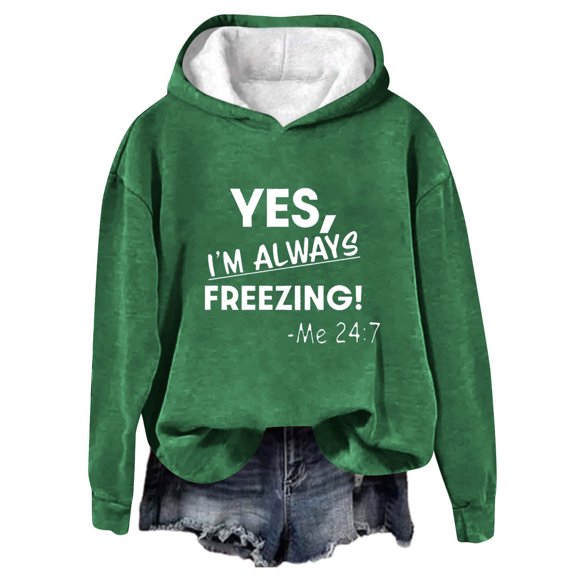 Miqool Women's "Yes I'm Always Freezing" Hoodie Long Sleeve Funny Graphic Pullover Casual Loose Sweatshirt Top