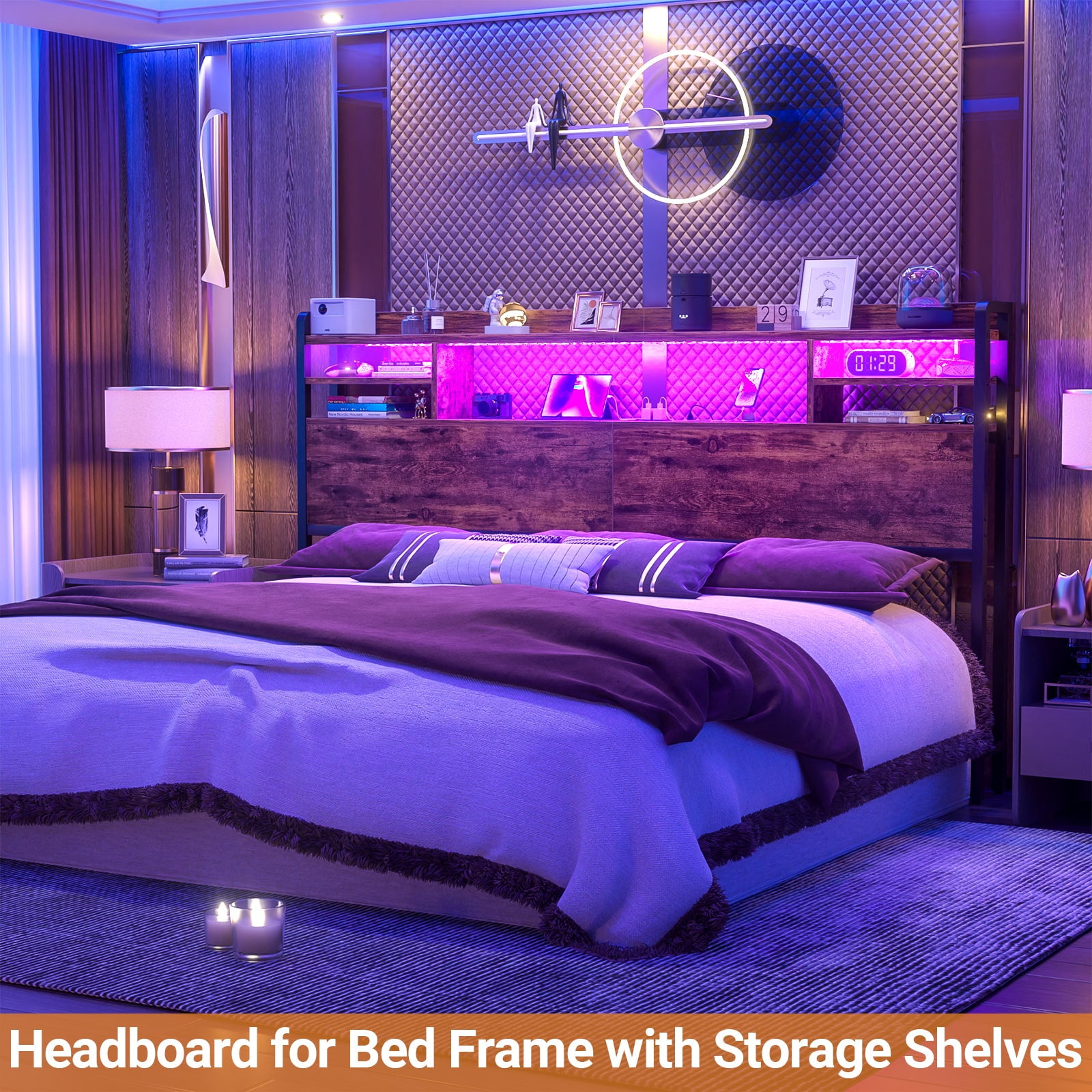 iSunirm Headboard for King Size Bed with Bookcase Storage, King Headboards with LED Light and Power Outlets, Modern King Size Head Board, for King Size Bed, 77.2'' Width, Rustic Brown