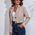 thumbnail image 2 of Chaqueta corta de pana de manga larga con botones en la parte delantera y cuello vuelto para mujer con cinturón Caqui L, 2 of 8