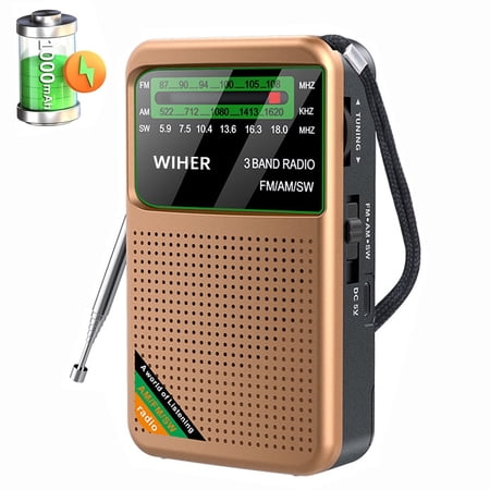 Wiher Portable AM FM SW Radio Small Transistor Radio with 1000mAh Rechargeable Battery Walkman Radio with 3W Large Speaker Pocket Handheld Radio with 3.5mm Earphones Jack Gift for Elder Gold