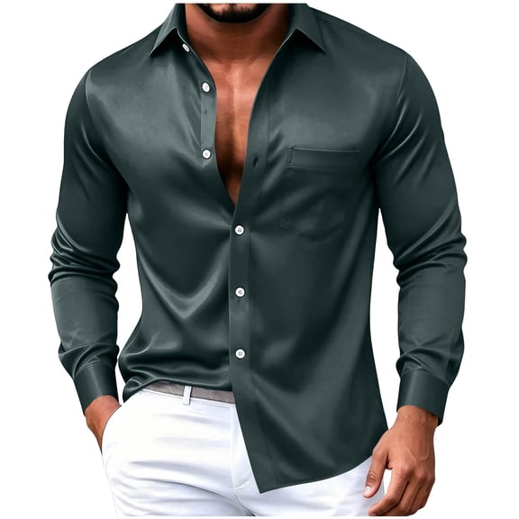 Long Sleeve Shirts for Men Collar Solid Color Button Up Workout T Shirt Soft Comfort Casual Pullover Shirts with Pocket Fall Winter Versatile Fashion Top