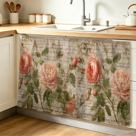 Vintage Spring Floral Cabinet Curtains Pink Rose Rustic Botanical Letter Sink Skirt Privacy Short Cabinet Curtain for Kitchen Bathroom Self Adhesive Waterproof Under Sink Curtain 32" W x 55" L
