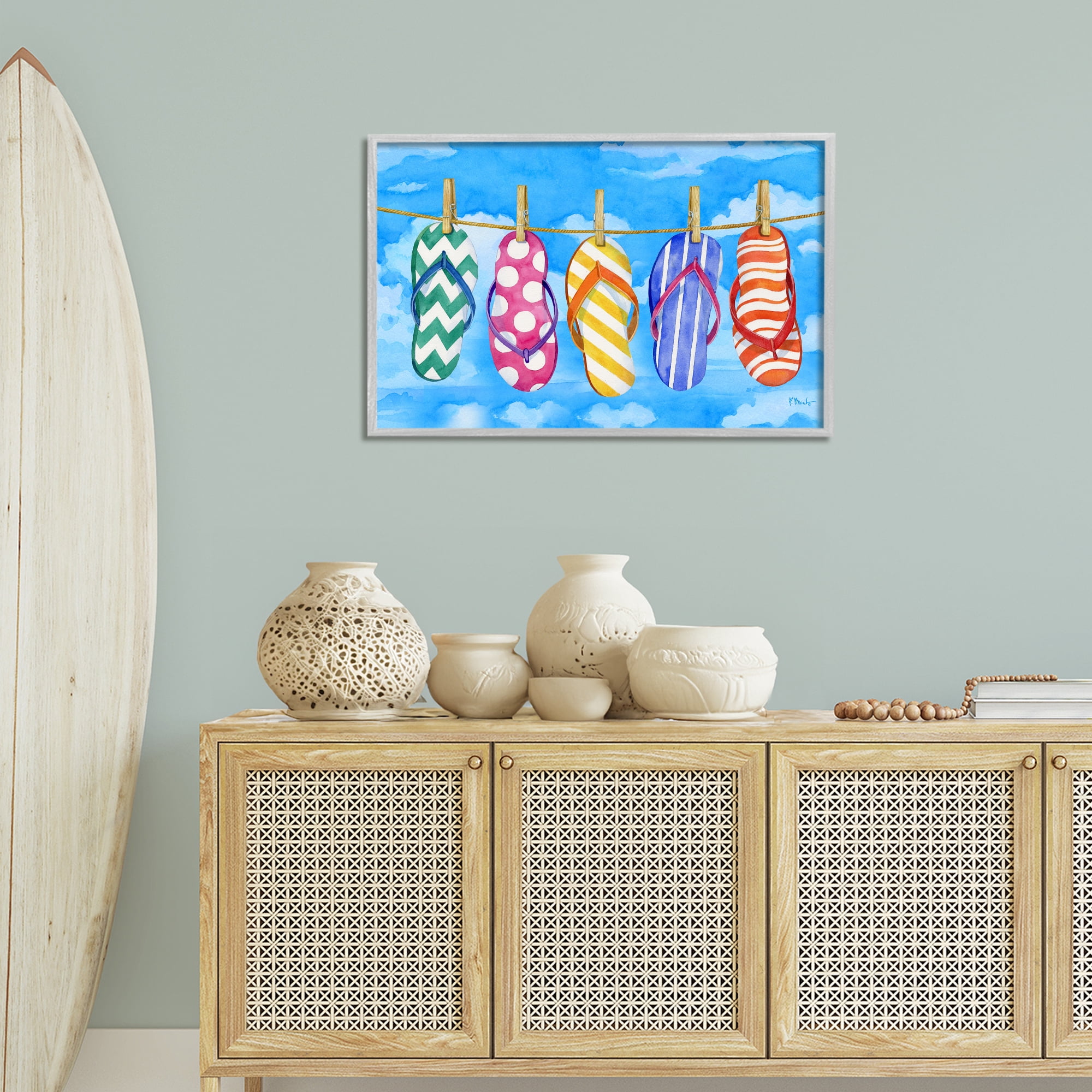 Stupell Industries Flip Flops on Clothesline Beauty & Fashion Painting Gray Framed Art Print Wall Art, 30 x 20