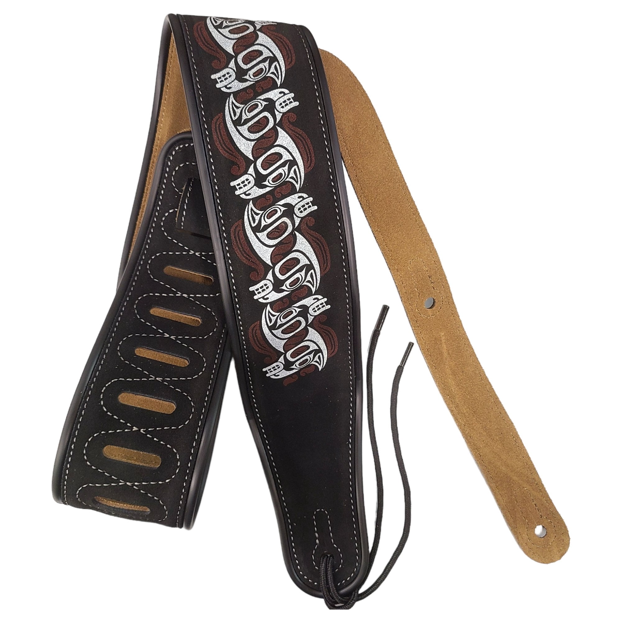 Leather Strap Acoustic Electric Guitar Bass Black Brown Notes Wide Thick Padded Black Suede Tribal Horse