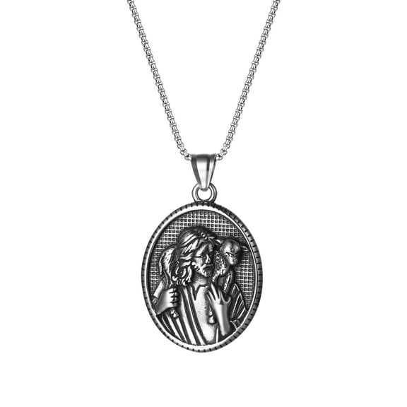 Avaner Jesus Shepherd Necklace, Oval Religious Medal Medallion Stainless Steel for Men Women Retro Religious Christian Pray Amulet Pendant Jewelry Gift