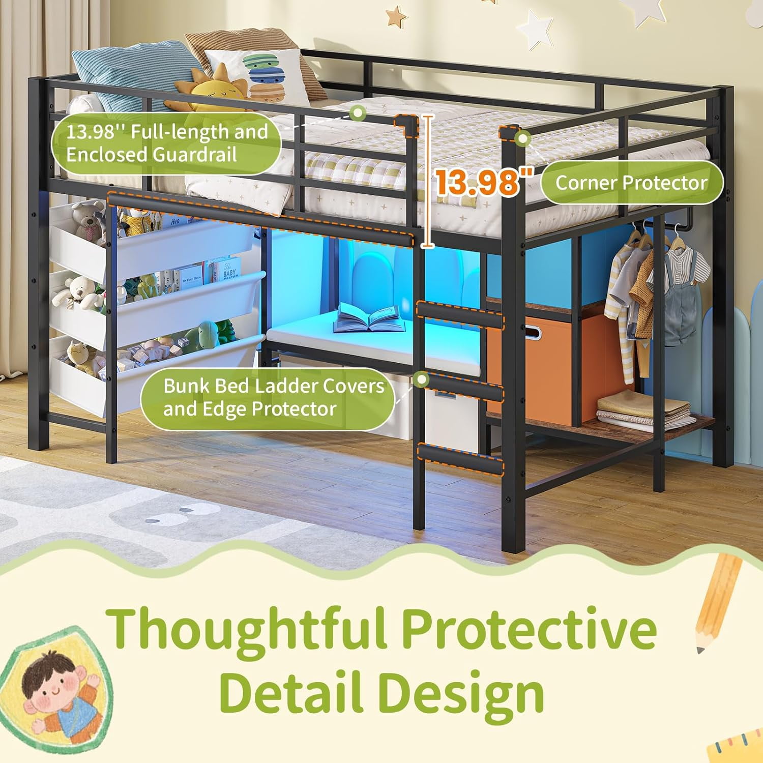 Mabor Twin Size Loft Bed with LED Lights & Reading Bench, Metal Loft Bed Frame with Bookshelf & Storage Basket & Stairs & Full-Length Guardrail for Bedroom, Black