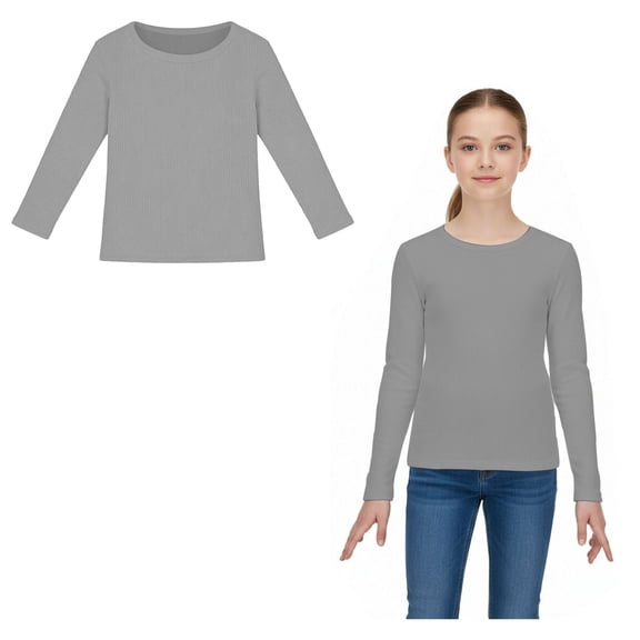 Long Sleeve Girls Shirts Crewneck Ribbed Knit Stretch Shirt Casual Base Undershirt Clothes for Kids Girls 9-10 Years