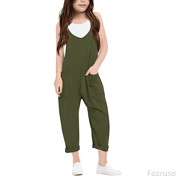 Fozruso Girls School Uniform Pants Girls' Fashion Casual V Suspender Romper Solid Color Loose Casual Romper With Pocket Sizes 4-5 Years