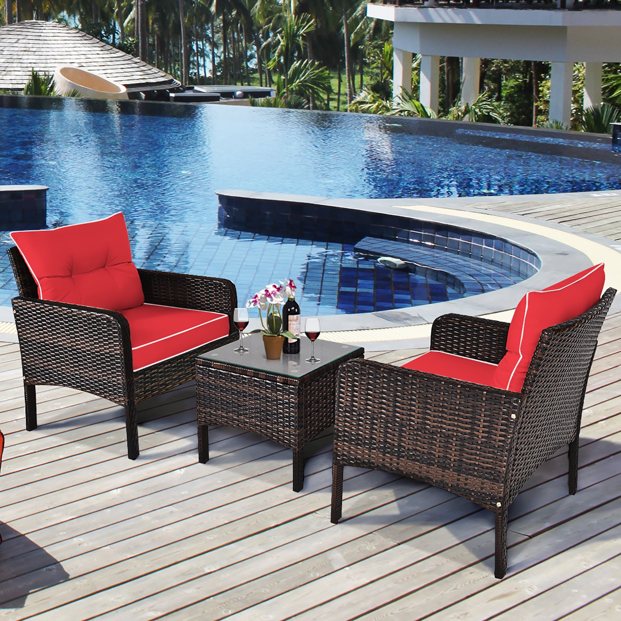 Costway 3PCS Outdoor Rattan Conversation Set Patio Furniture Cushioned Sofa Chair Red
