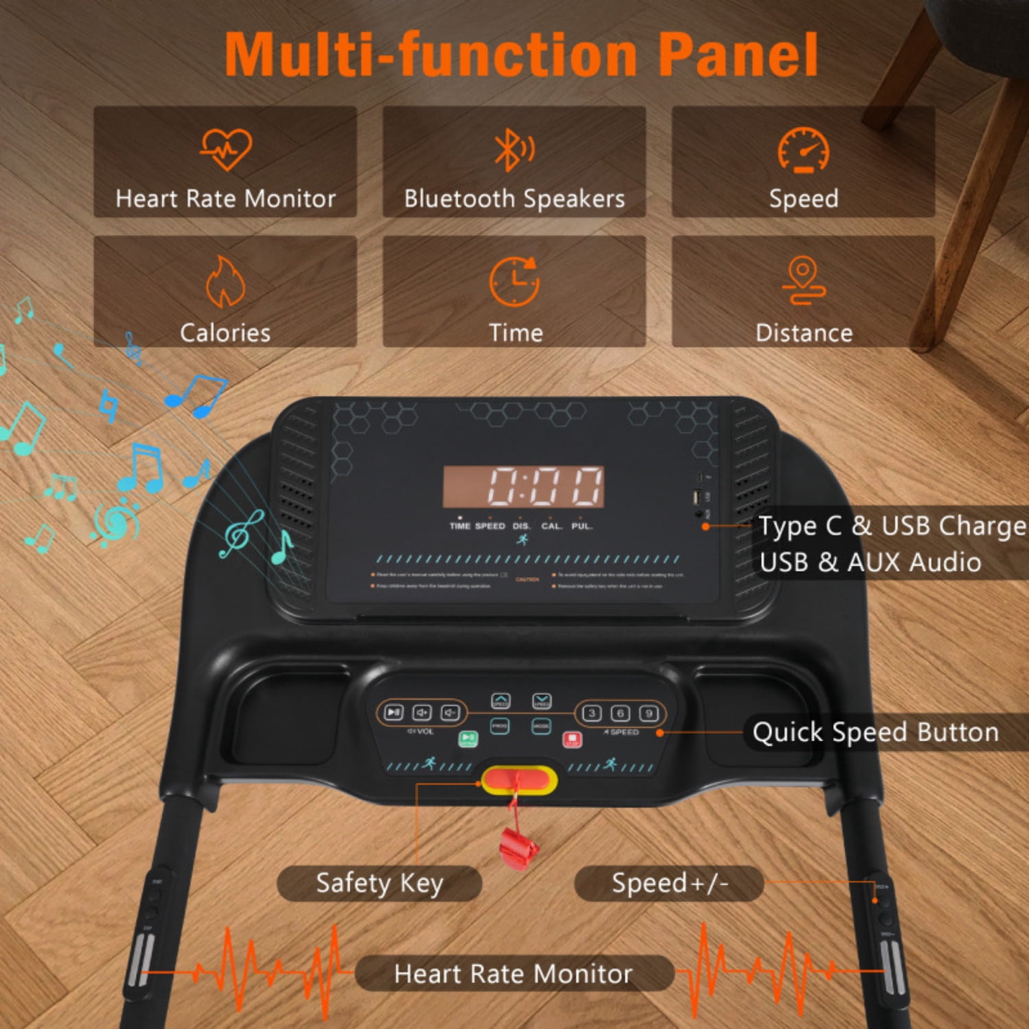 Incline For Running Walking 3.0 HP Treadmills Home 350 Lbs Weight Capacity Hydraulic System Auto-folding Treadmill With Type C & USB Charge For Android 10MPH Bluetooth Speaker