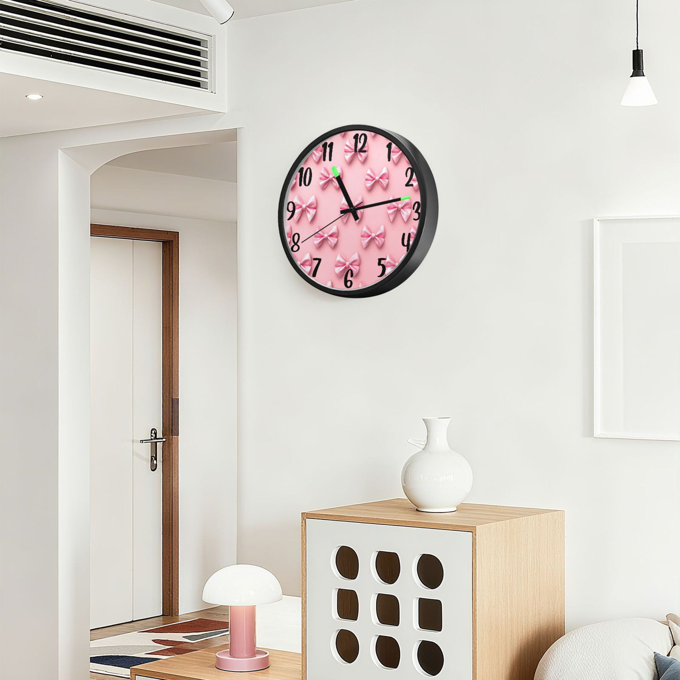 RMDQTR 12 Inch Sound-Activated LED Night Light Wall Clock Silent Sweep Movement Acrylic Face Battery-Operated for Bedroom/Living Room/School / Pink Simple Bows