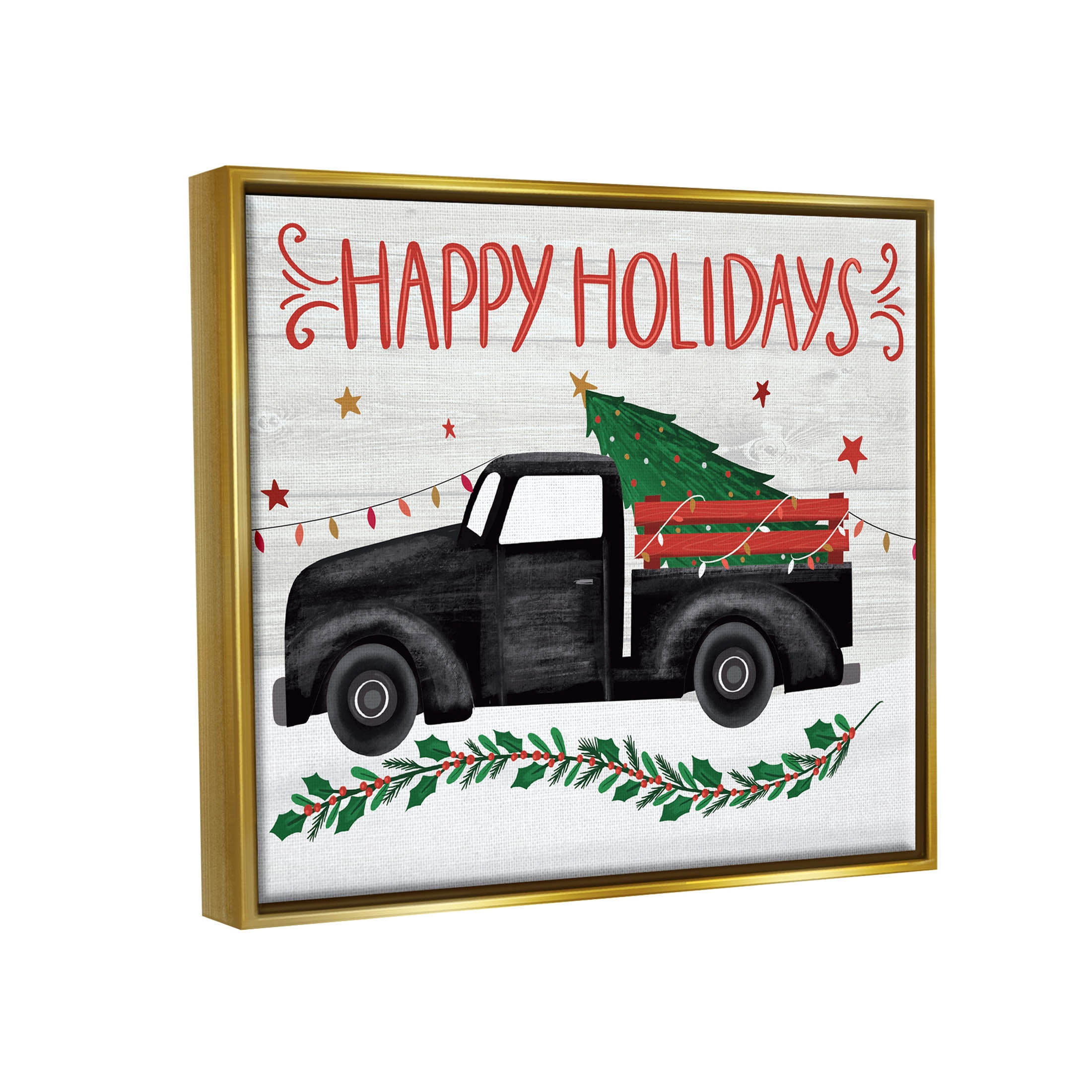 Happy Holidays Christmas Tree Truck Holiday Graphic Art Metallic Gold Framed Art Print Wall Art