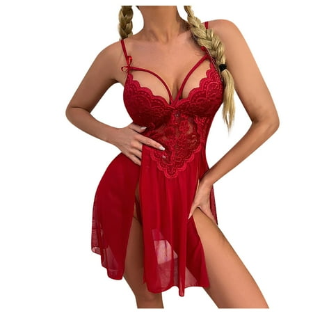 

netehipn Women Lingerie Lace Chemise Sexy Nightgown Modal Babydoll Side Slit Sleepwear Teddy Dress