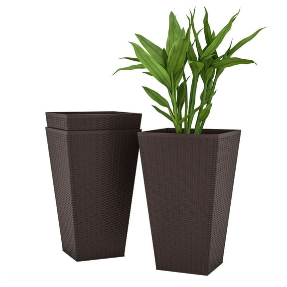 24" Tall Plastic Planters - Set of 3, Rattan Design, Drainage - Indoor/Outdoor Flower Pots for Patio, Office, Brown