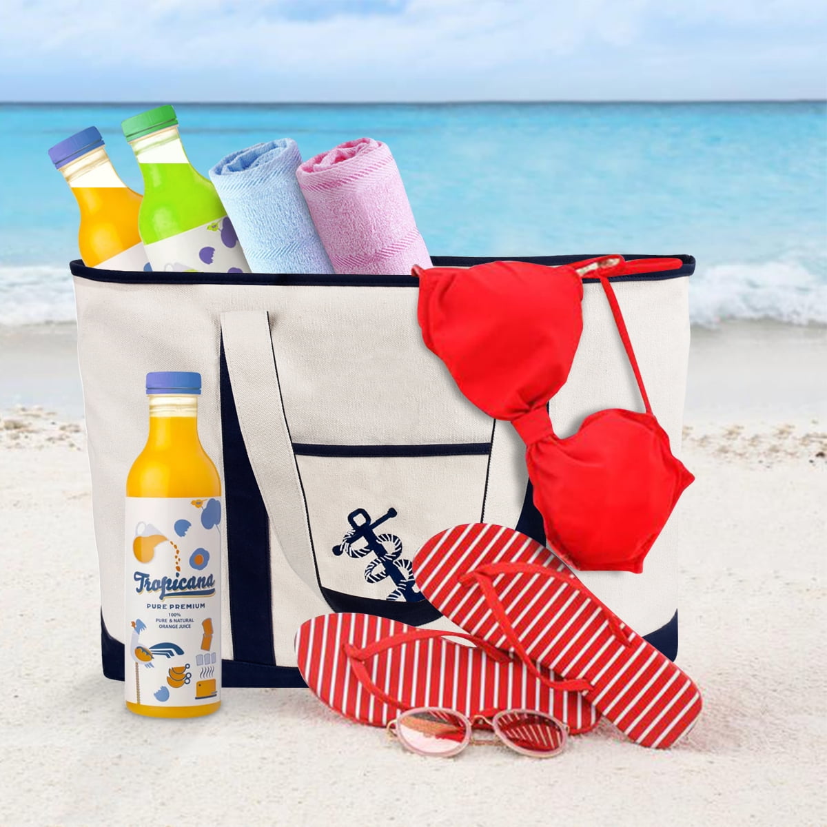25" Extra Large Canvas Tote Bag Heavy Duty Roomy Zipper Grocery Shopping Carry Beach Boat Bag Handbag with Embroidered Anchor - Beige