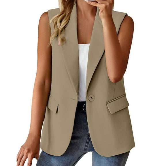 Clearance! Hontri Women's Sleeveless Coat Solid Color Cardigan Suit Casual Lapel Cardigan Jacket with Pockets Women's Blazers & Suit Jackets Khaki M