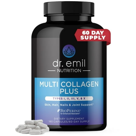 DR. EMIL NUTRITION Multi Collagen Pills - 180 Capsules - Collagen Supplements to Support Hair, Skin, Nails, & Joints - Hydrolyzed Collagen Supplements for Women with Types I, II, III, V & X