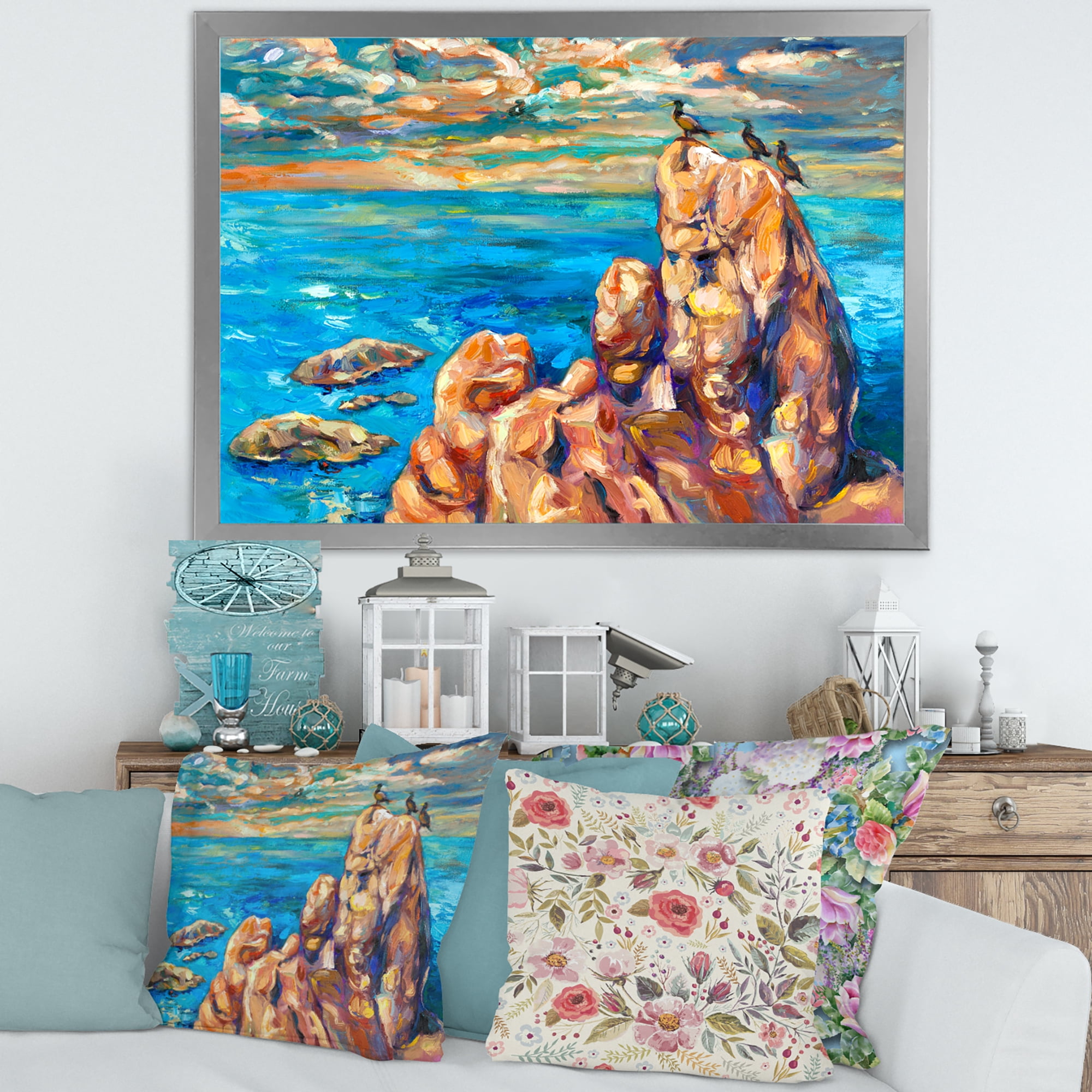 Designart 'The Blue Ocean By Rocky Cliffs I' Nautical & Coastal Framed Art Print