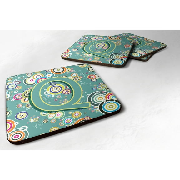 Letter Q Circle Circle Teal Initial Alphabet Foam Coaster Set of 4
