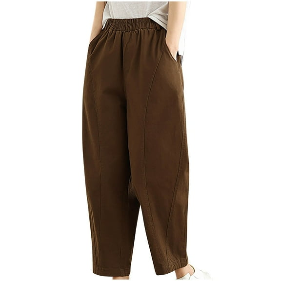 REALiKUN Womens Cargo Pants Classic High Elastic Waisted Wide Leg Slacks Fashion Soild Harem Pants Cotton Lounge Trousers