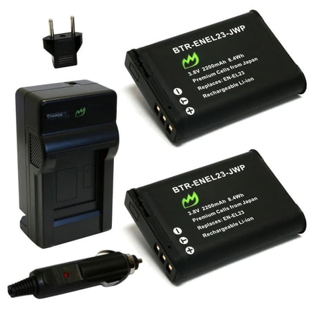 Replacement for Nikon EN-EL23 Battery (2-Pack 2200mAh) and Charger with Car Adapter