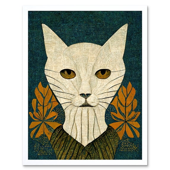 Elegant Cat Illustration William Morris Style Teal Mustard Art Print Framed Poster Wall Decor 12x16 inch