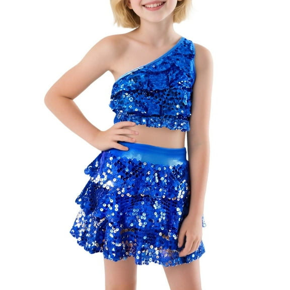 Kiijoy Toddler Girls Sequin Dance Outfits One Shoulder Stretch Tank Top Skirt Set, Sizes 2-3
