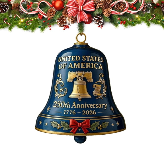 United States 250th Anniversary Bell Ornament, 3D Handcrafted Metal Christmas Ornament Bells for Patriotic Holidays, Christmas Tree, Collectors Gift, Enamel Crafted Detailing
