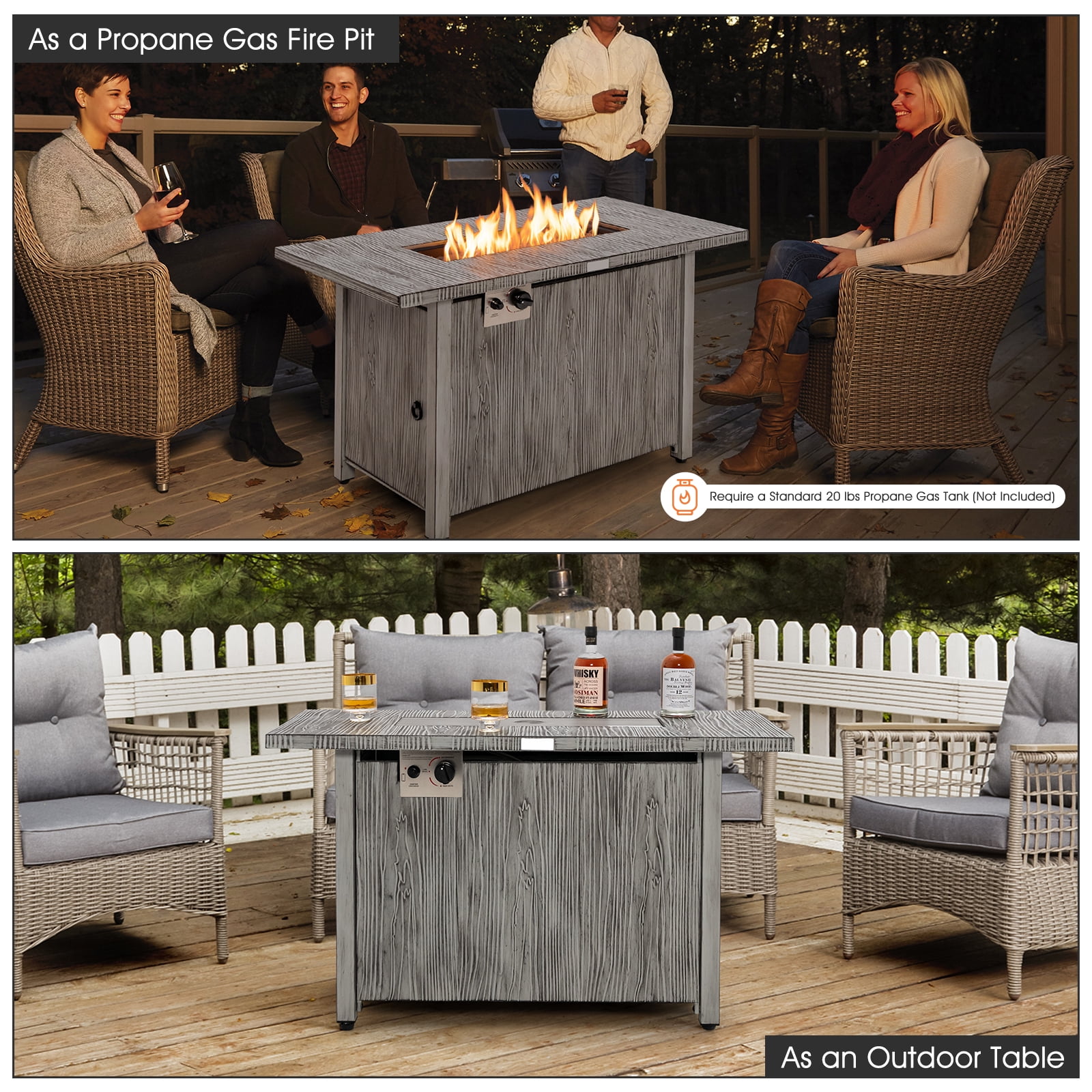 Patiojoy 43’’ Propane Fire Pit Table 50,000 BTU Outdoor Propane Gas Fire Table w/ Wood Grain Tabletop Hideaway Tank Storage