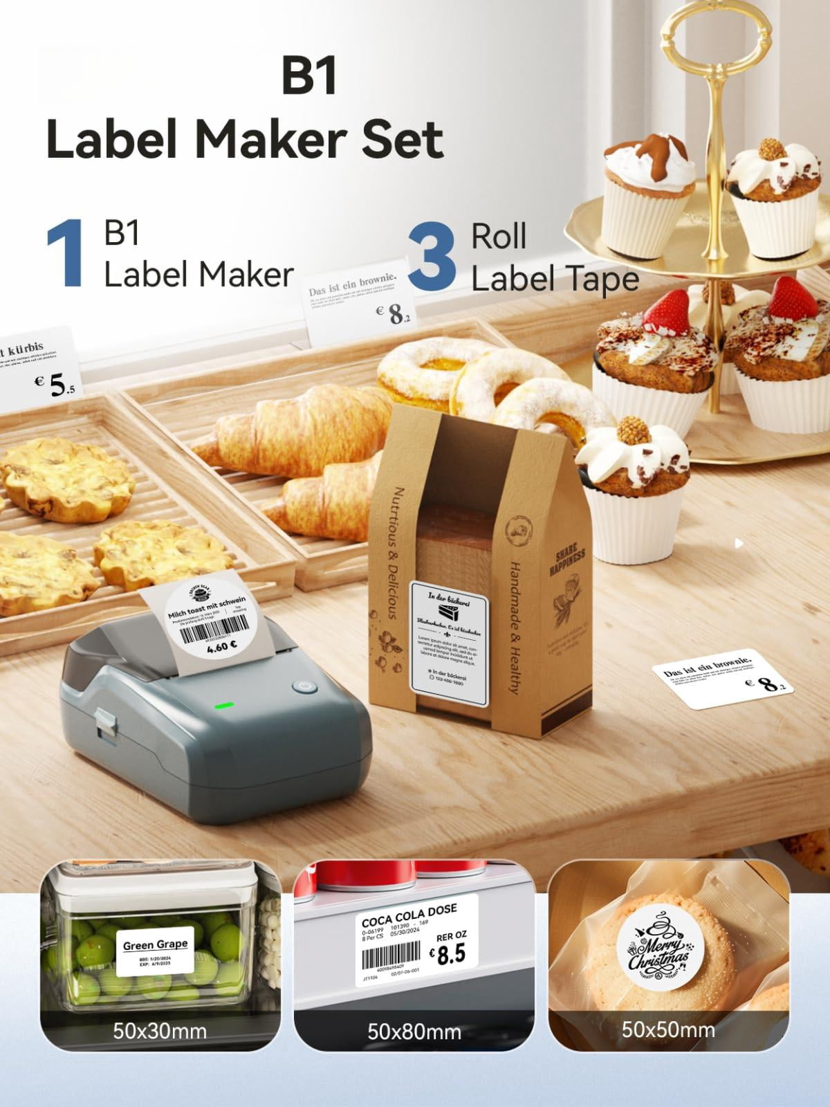B1 Label Maker Machine With 3 Tapes  50x30mm/50x80mm/ 50x50mm Round Labels Thermal Printer For Small Business Office Home School (blue 1 Printer+3 Roll Label)