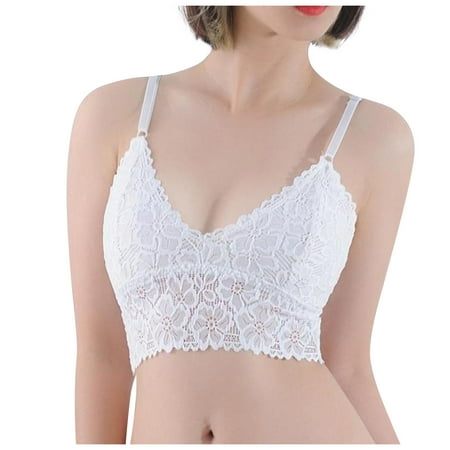 

Knosfe Wireless Bras for Women V Neck Lace Cami Tshirt Bra White S