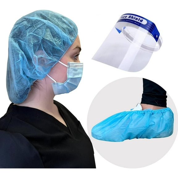 Endure Medical Supply Combo, Disposable Bouffant Cap 24” Pack of 100, Anti-Skid Shoe Cover Blue Pack of 100, Disposable Blue Ear Loop Face Mask Pack of 50 & Face Shield Pack of 5