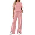 thumbnail image 3 of TaTaai Women's Summer Solid Color Short Sleeve Top Wide Leg Pants Mesh Splicing Casual Sport 2 Piece Outfit Soft Comfortable for Daily Wear Gift, 3 of 7