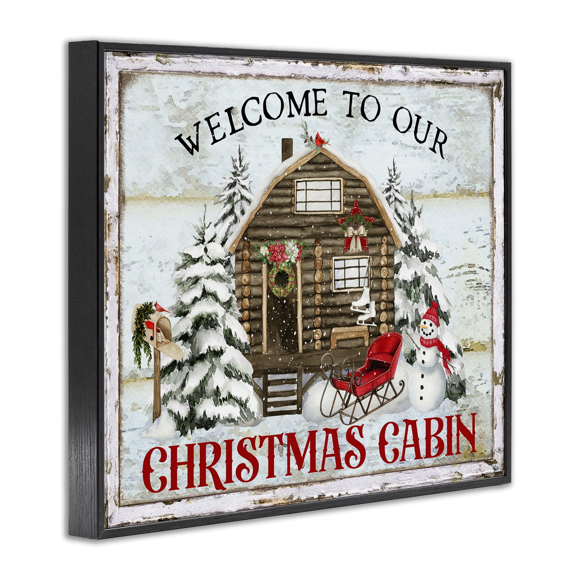Stupell Industries Welcome Christmas Cabin Holiday Painting Black Framed Art Prints Wall Art, 30 x 24