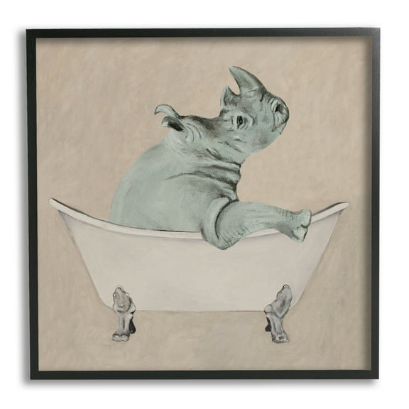 Stupell Industries Beige Rhinoceros Bathtub Wildlife Animals & Insects Painting Black Framed Art Print Wall Art