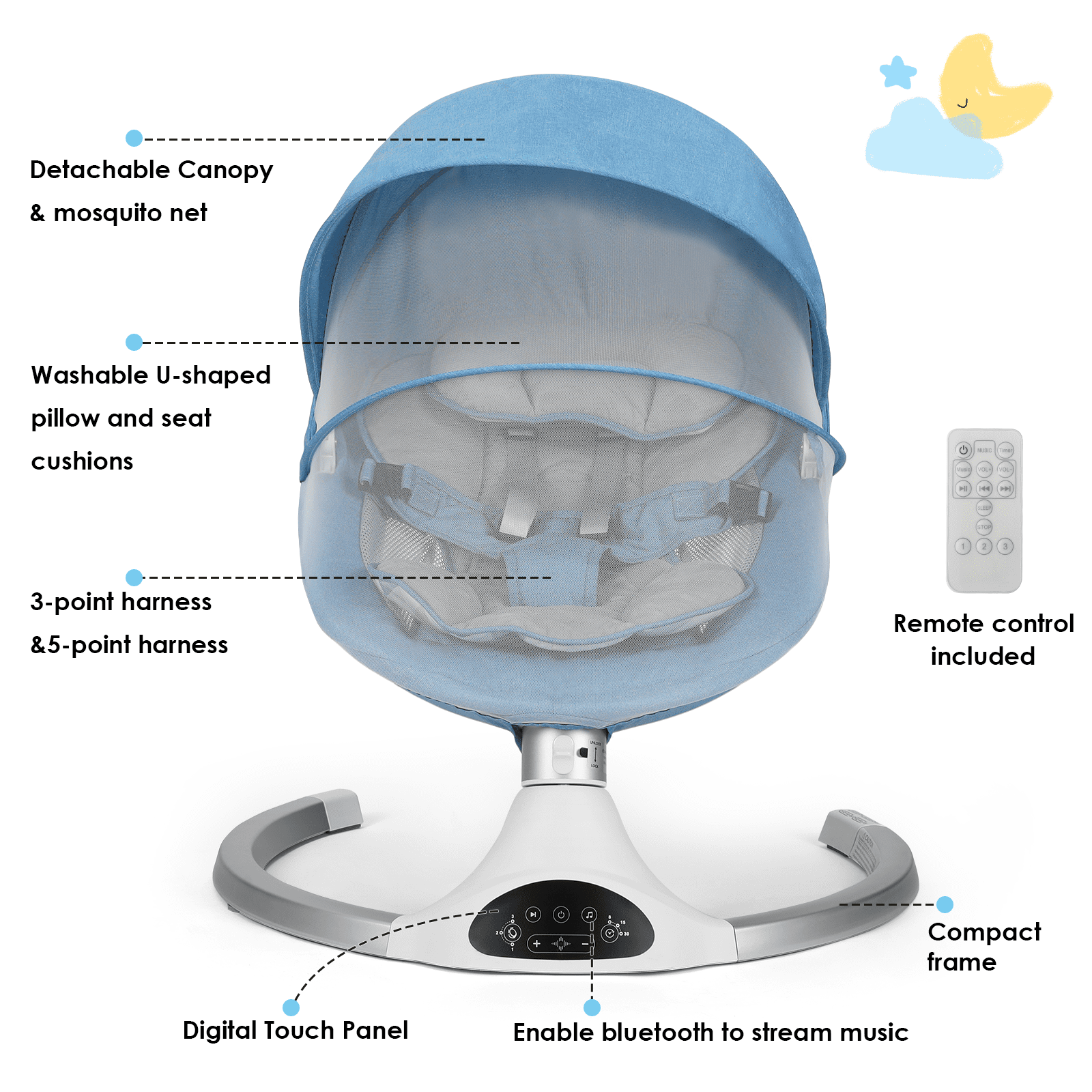 Baby Swing for Infants - Electric Indoor Baby Rocker 3 Speeds and 10 Lullabies, Portable, Touch Screen & Remote Control, Blue