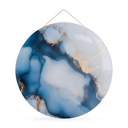 Welcome Sign for Front Door Blue Marble Round Metal Wall Art Wreaths Modern Gray Golden Abstract Gradient Art Outdoor Indoor Wall Hanging Sign for Porch Decor Housewarming Gifts 11.8 Inch