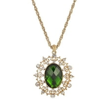 1928 Jewelry Green Stone And Crystal Large Oval Pendant Necklace 16 3 Extender