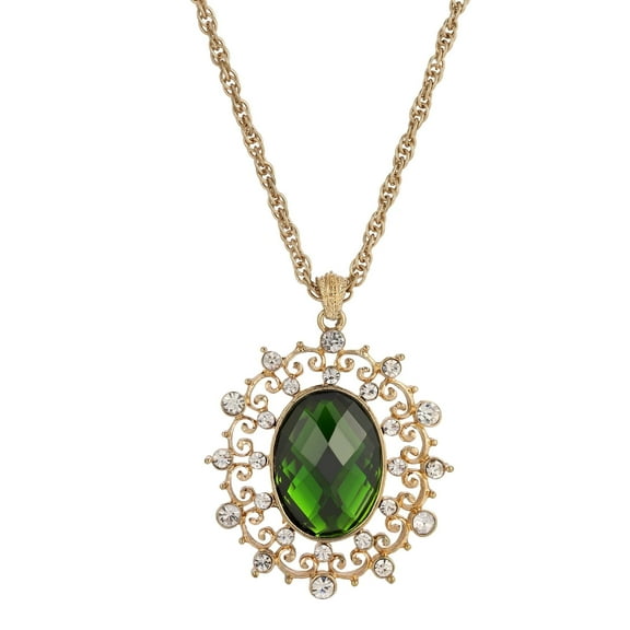 1928 Jewelry Green Stone And Crystal Large Oval Pendant Necklace 16   3 Extender